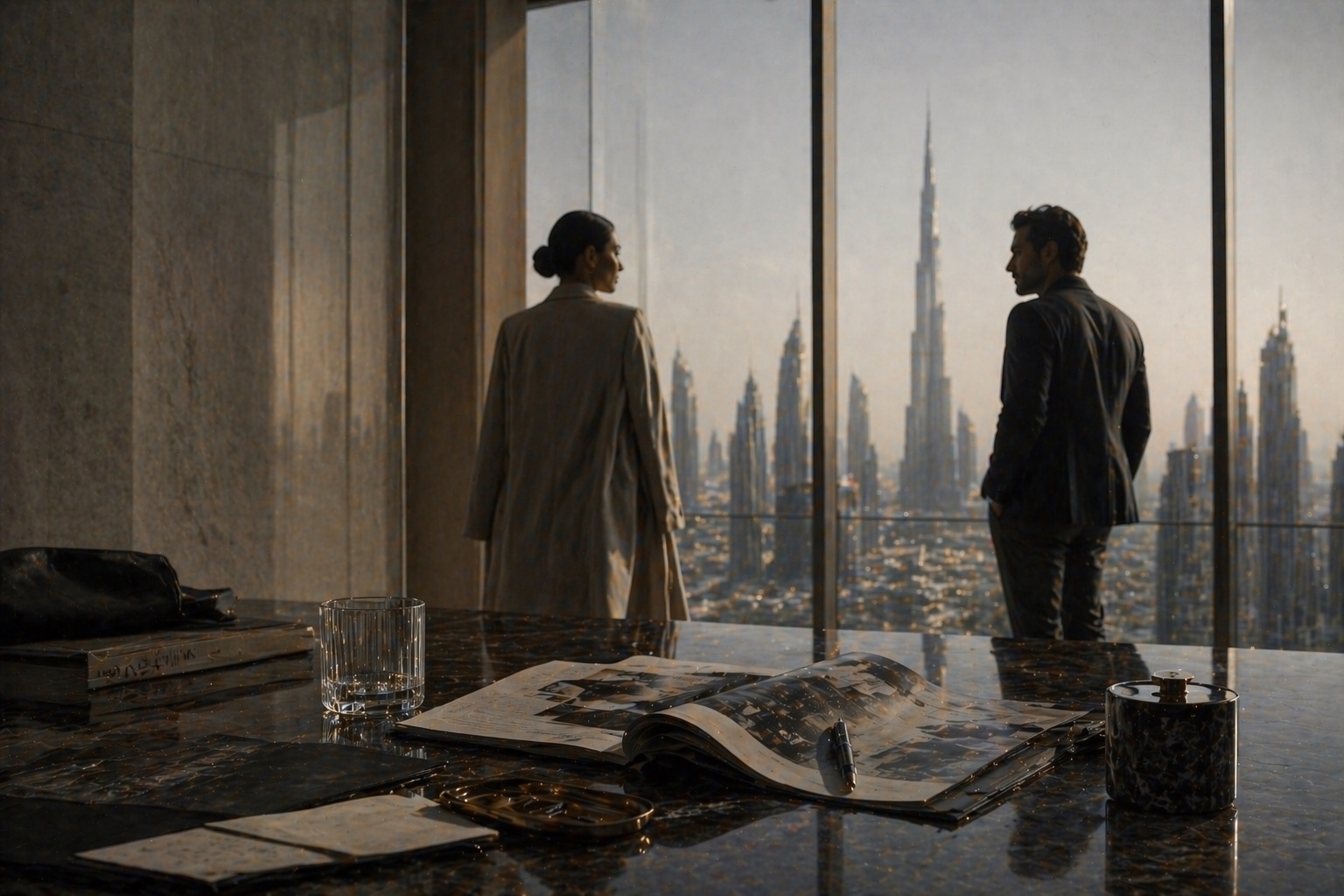 Two figures overlooking the city skyline
